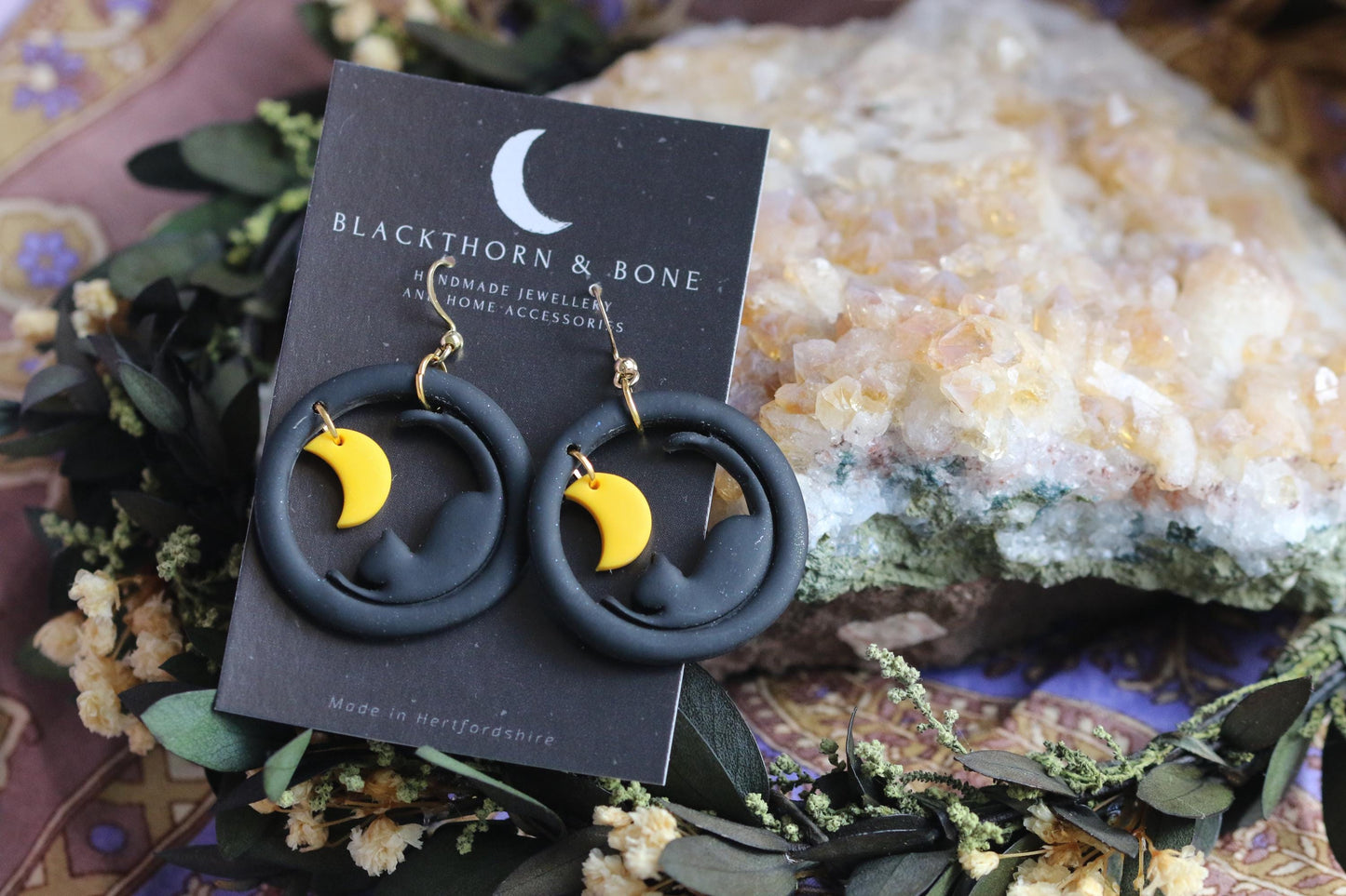 Black Cat and Moon Polymer Clay Earrings