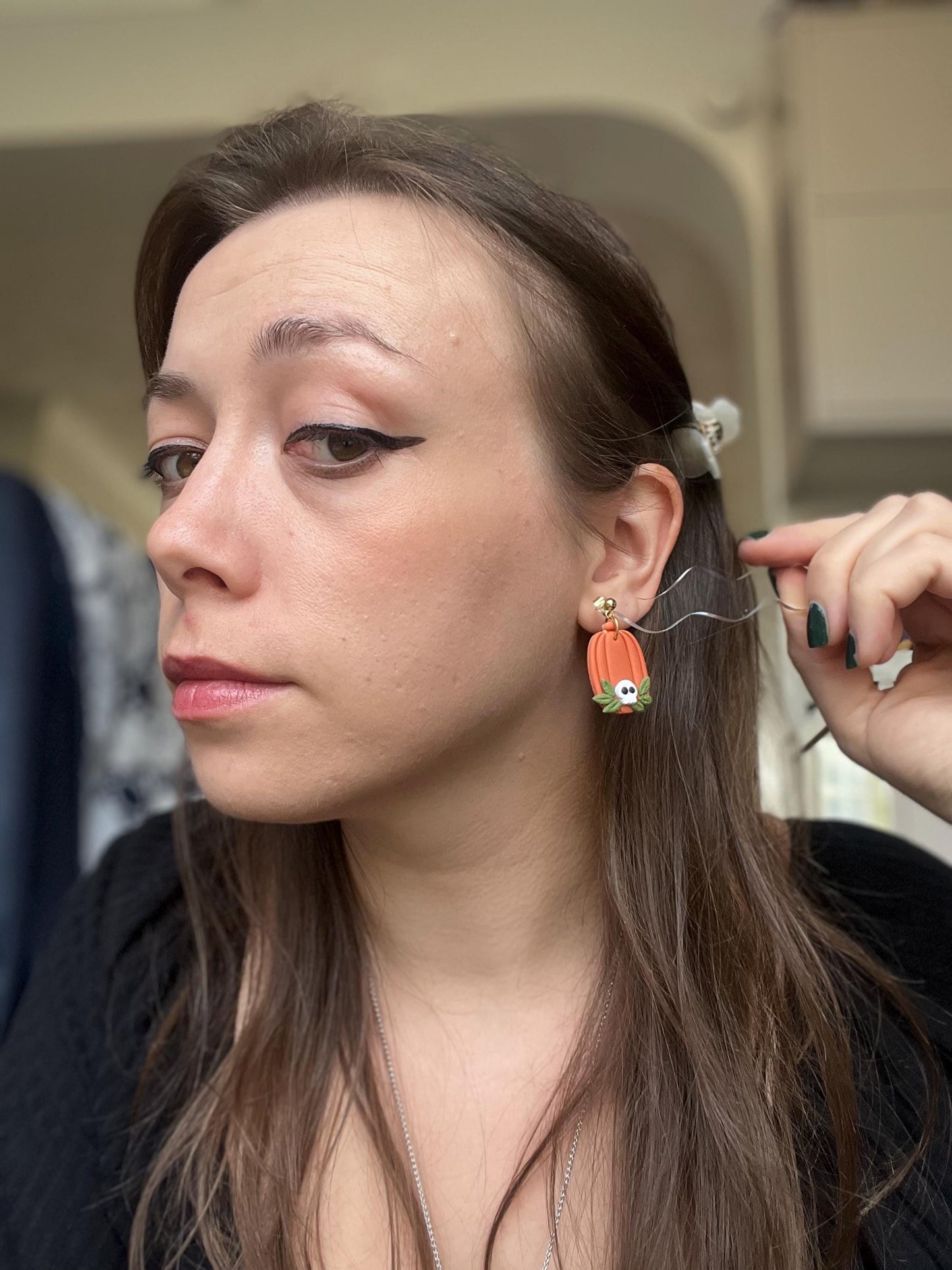 Long Pumpkin with Skull Earrings