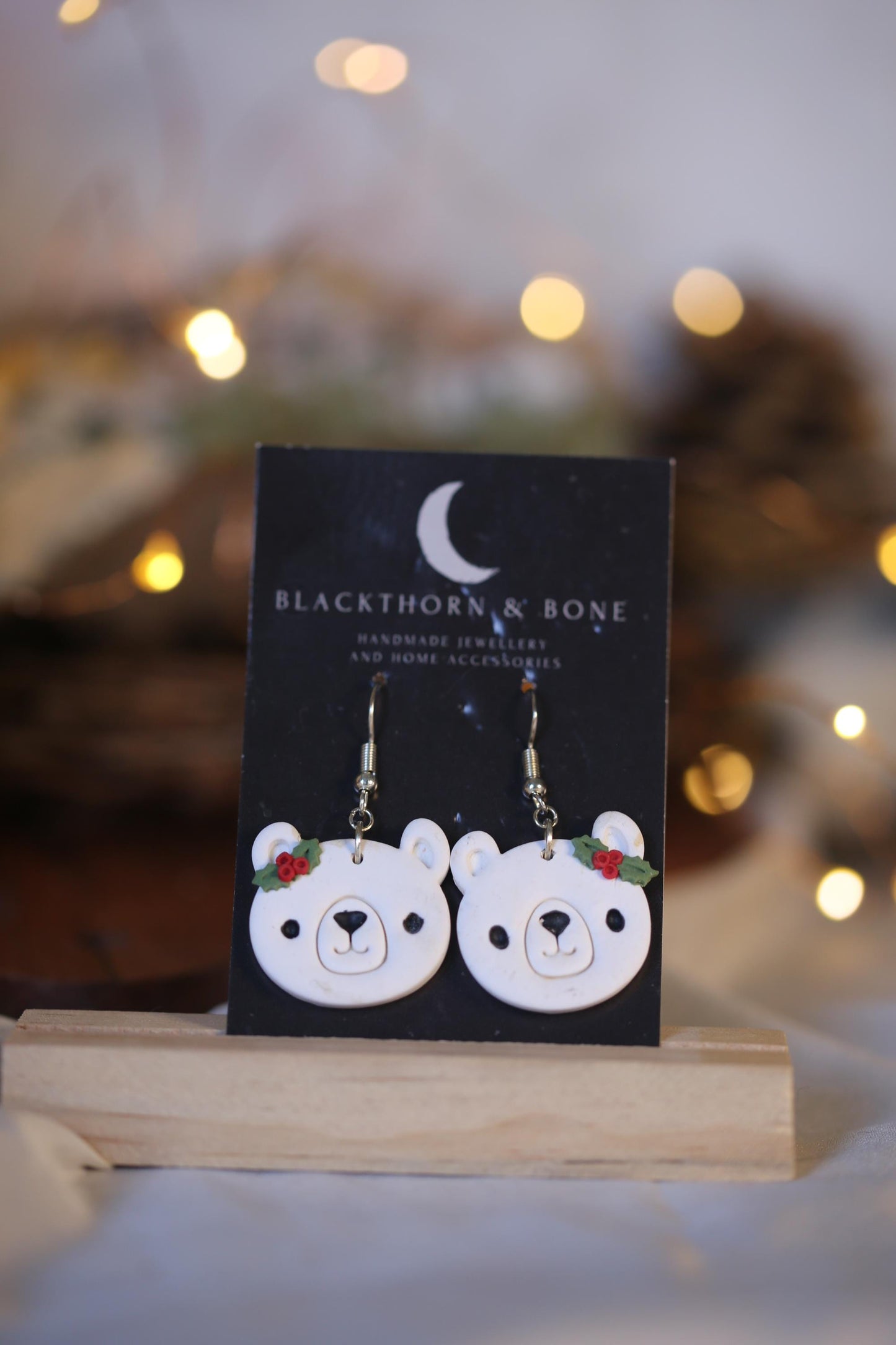 Holly berry and Leaf Polar Bear Earrings - Handmade Christmas Jewellery for Winter