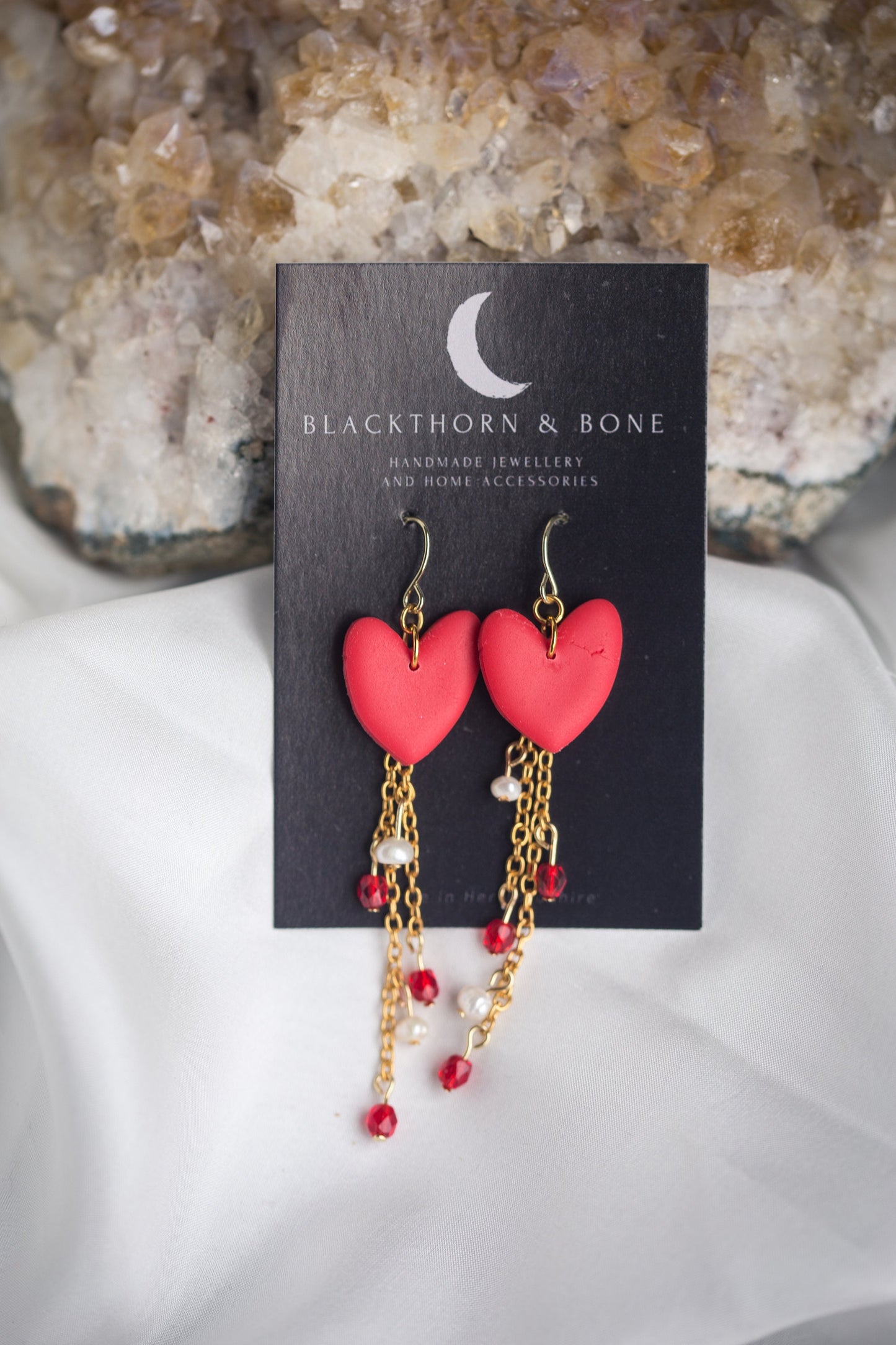 Clay Heart Earrings with Chain, Pearl and Crystal beads