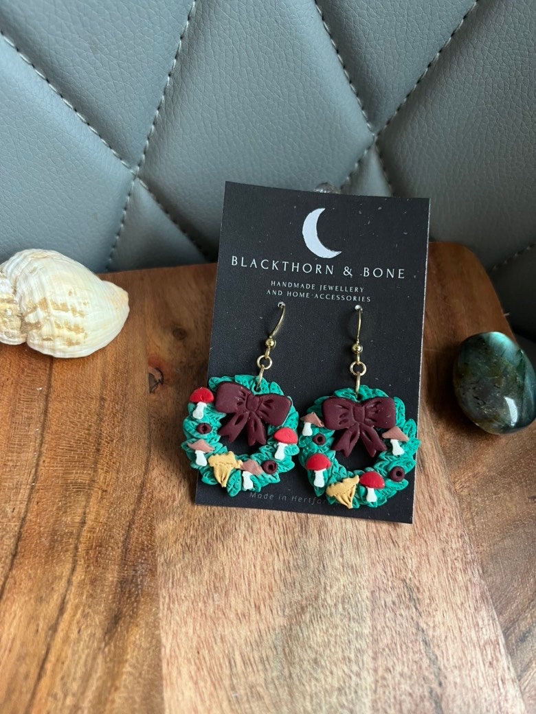 Christmas Wreath Earrings with Mushroom Details