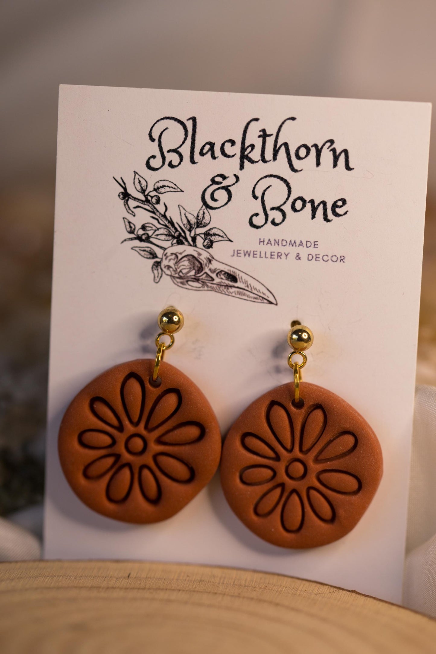 Simple Boho Terracotta Polymer Clay Earrings - Handmade Brown Earrings with Embossed Pattern