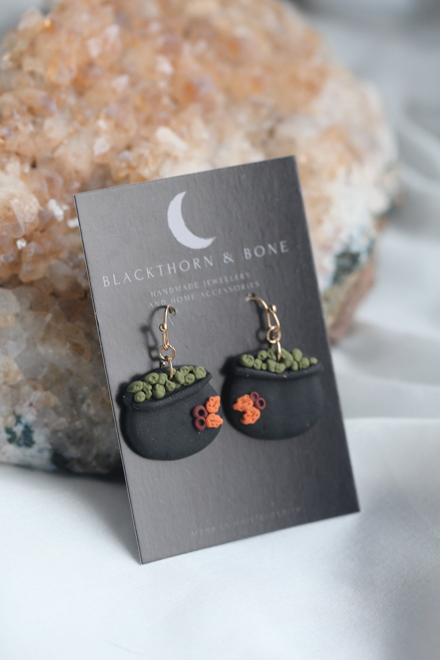 Handmade Witch Cauldron Earrings with Leaf and Berry Design
