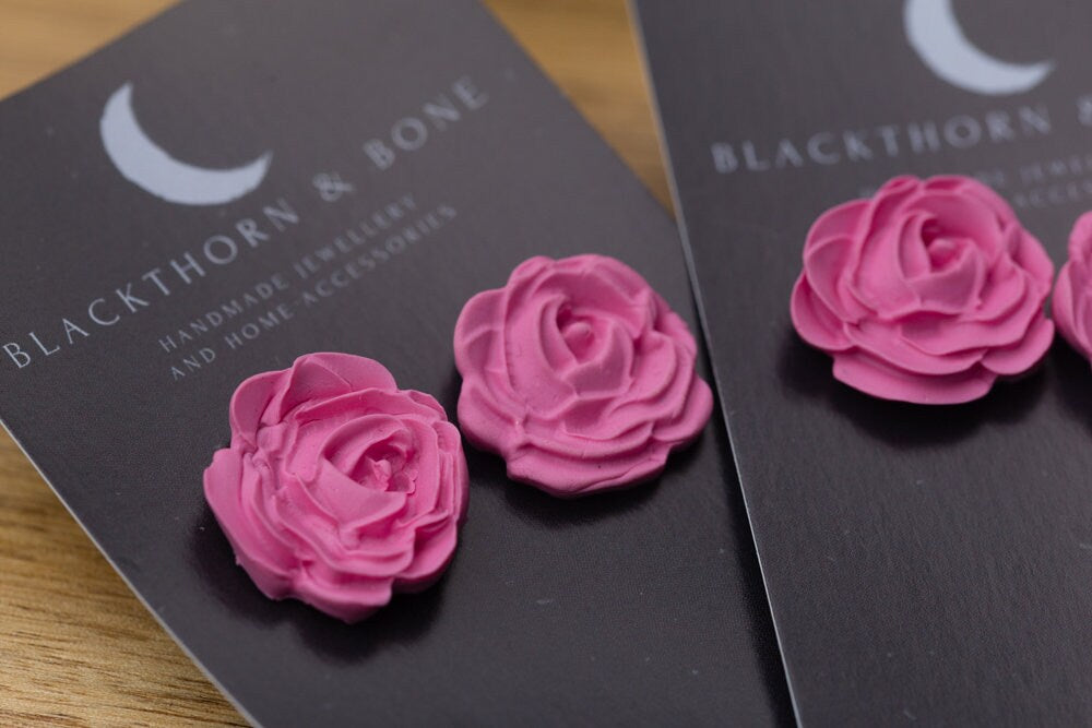 Large Pink Rose Stud Earrings - Handmade Polymer Clay Jewellery, Floral Earrings, Valentines Jewelry