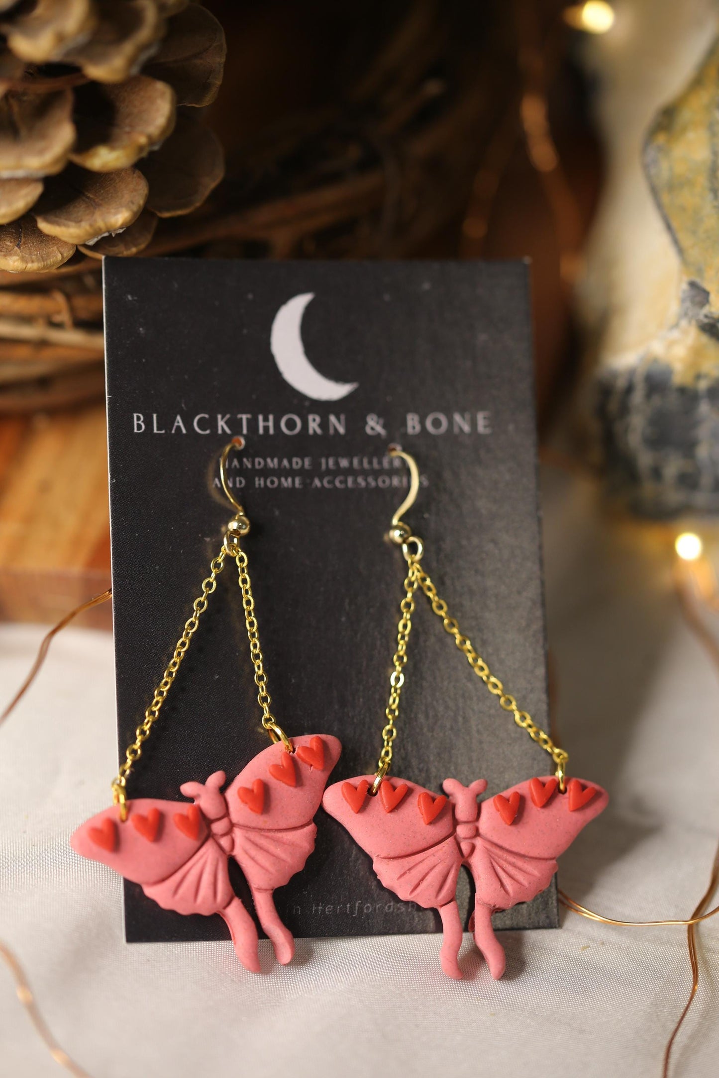 Pink Valentines Moth Earrings with Heart and Chain Details