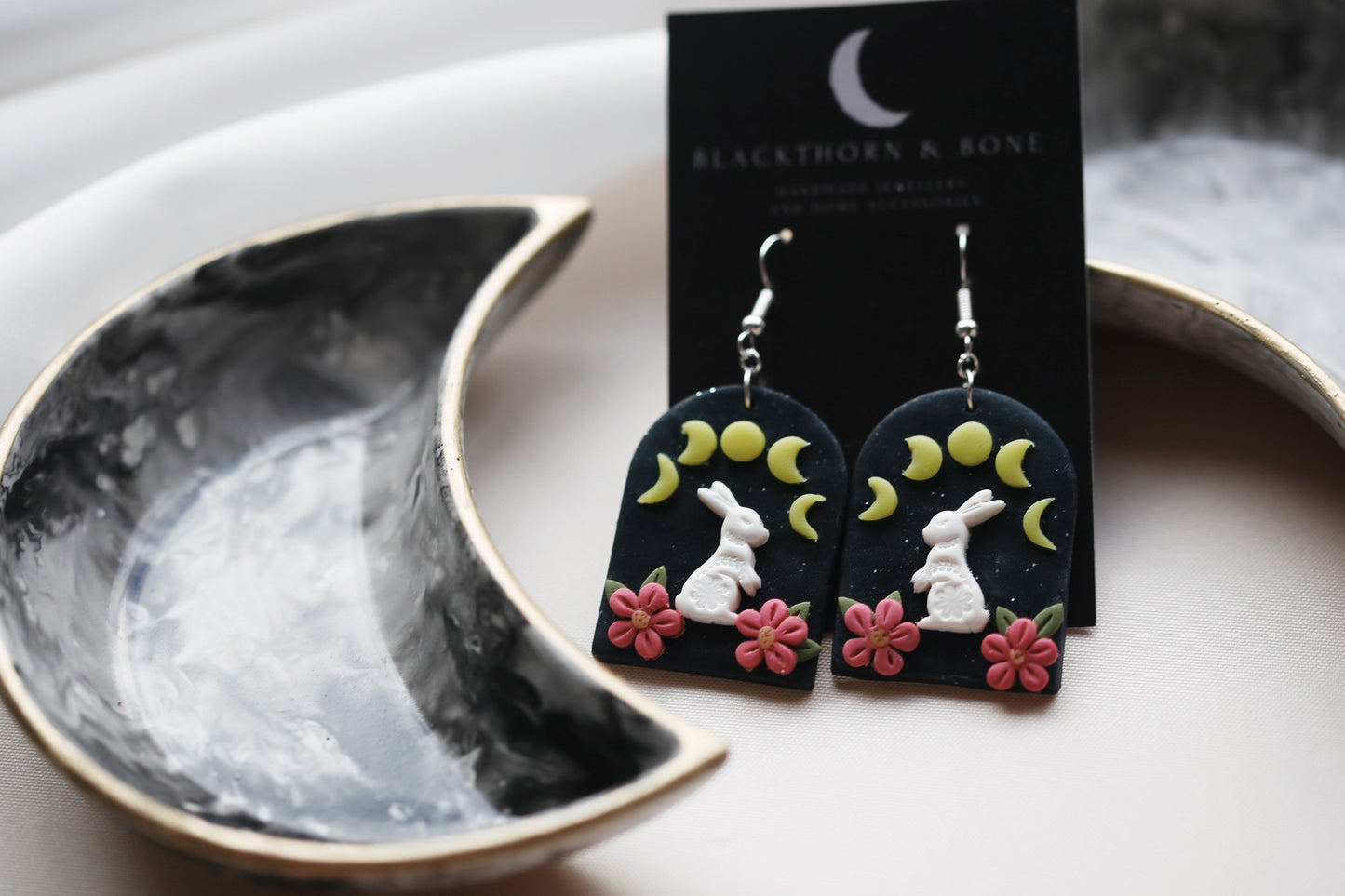 Floral Hare and Moon Phase Earrings