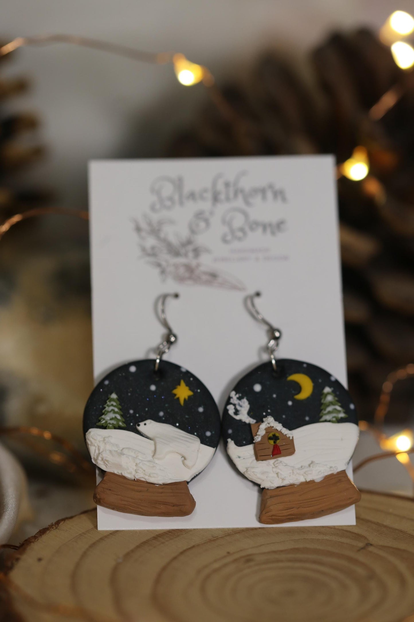 Snowglobe with Cabin and Polar Bear Earrings
