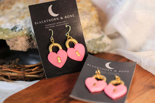 Handmade Heart Padlock Polymer Clay Earrings