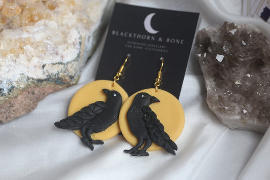 Raven and Full Moon Drop Earrings