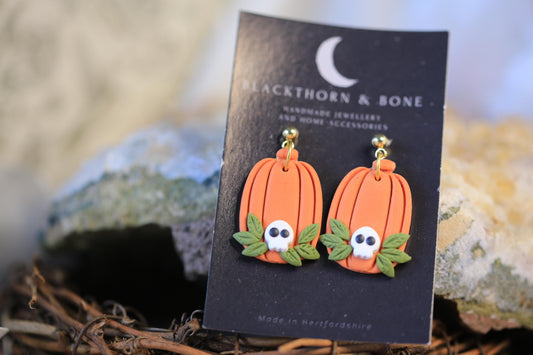 Long Pumpkin with Skull Earrings