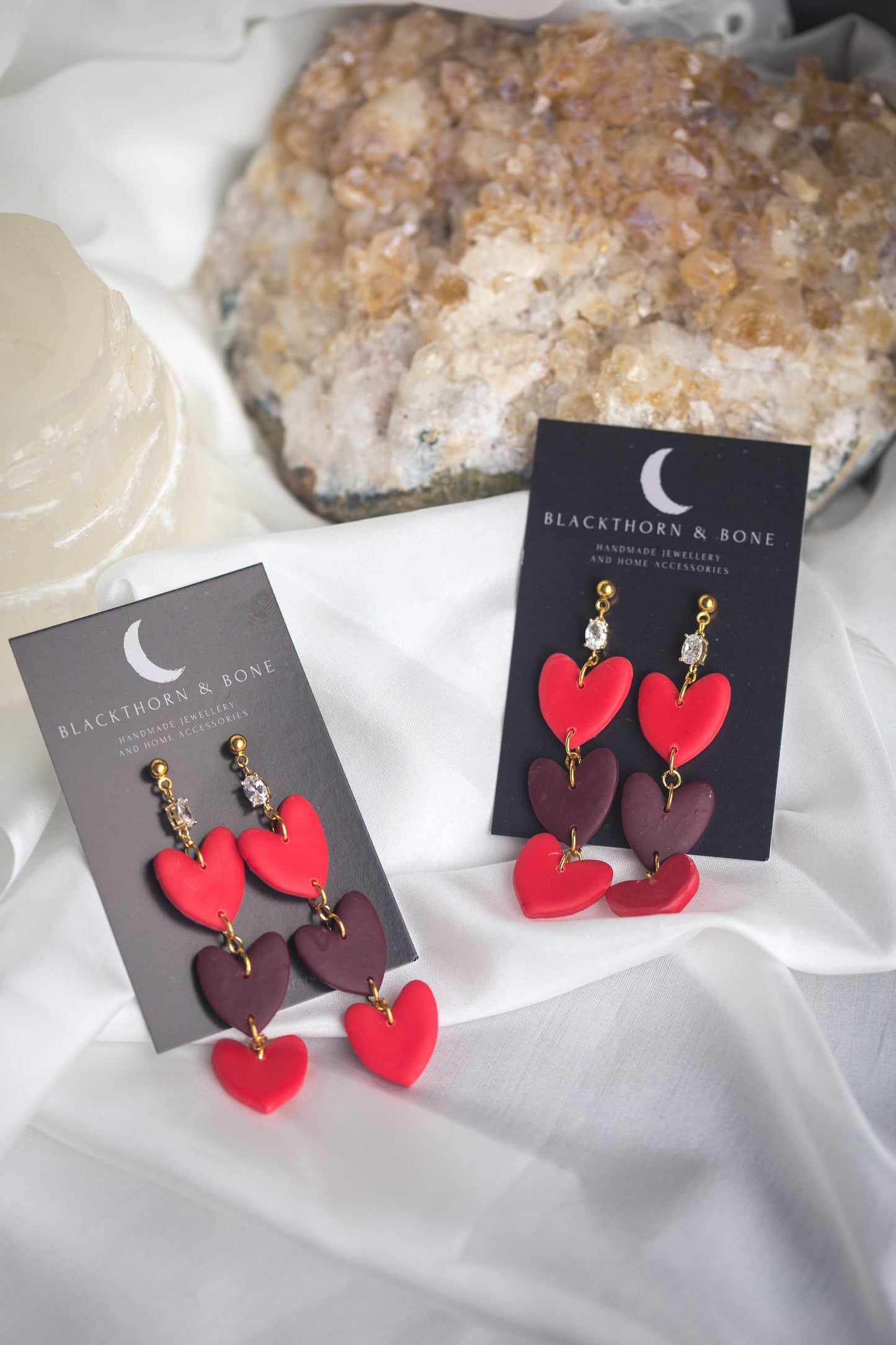 Statement Dangle Heart Earrings with Cubic Zirconia and Brass Studs