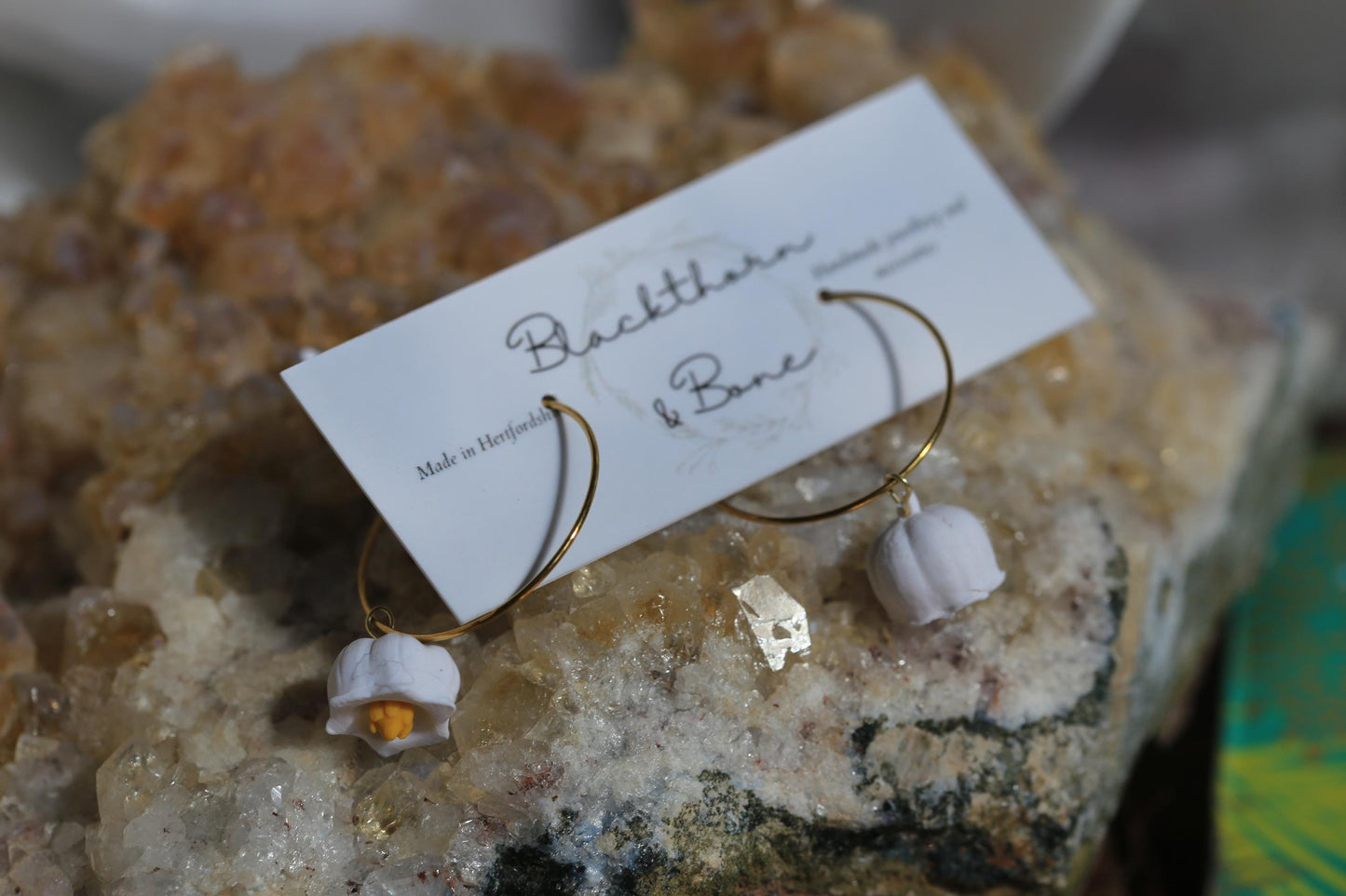 White Lily of the Valley Clay Hoop Earrings with Gold Steel Hoop