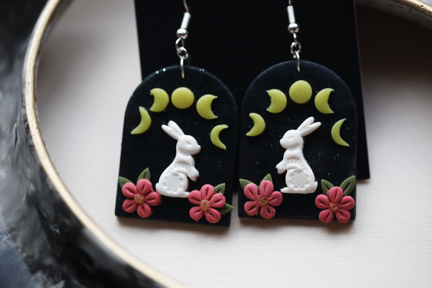 Floral Hare and Moon Phase Earrings