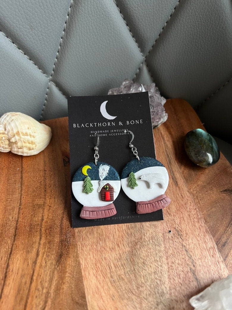 Snowglobe with Cabin and Polar Bear Earrings