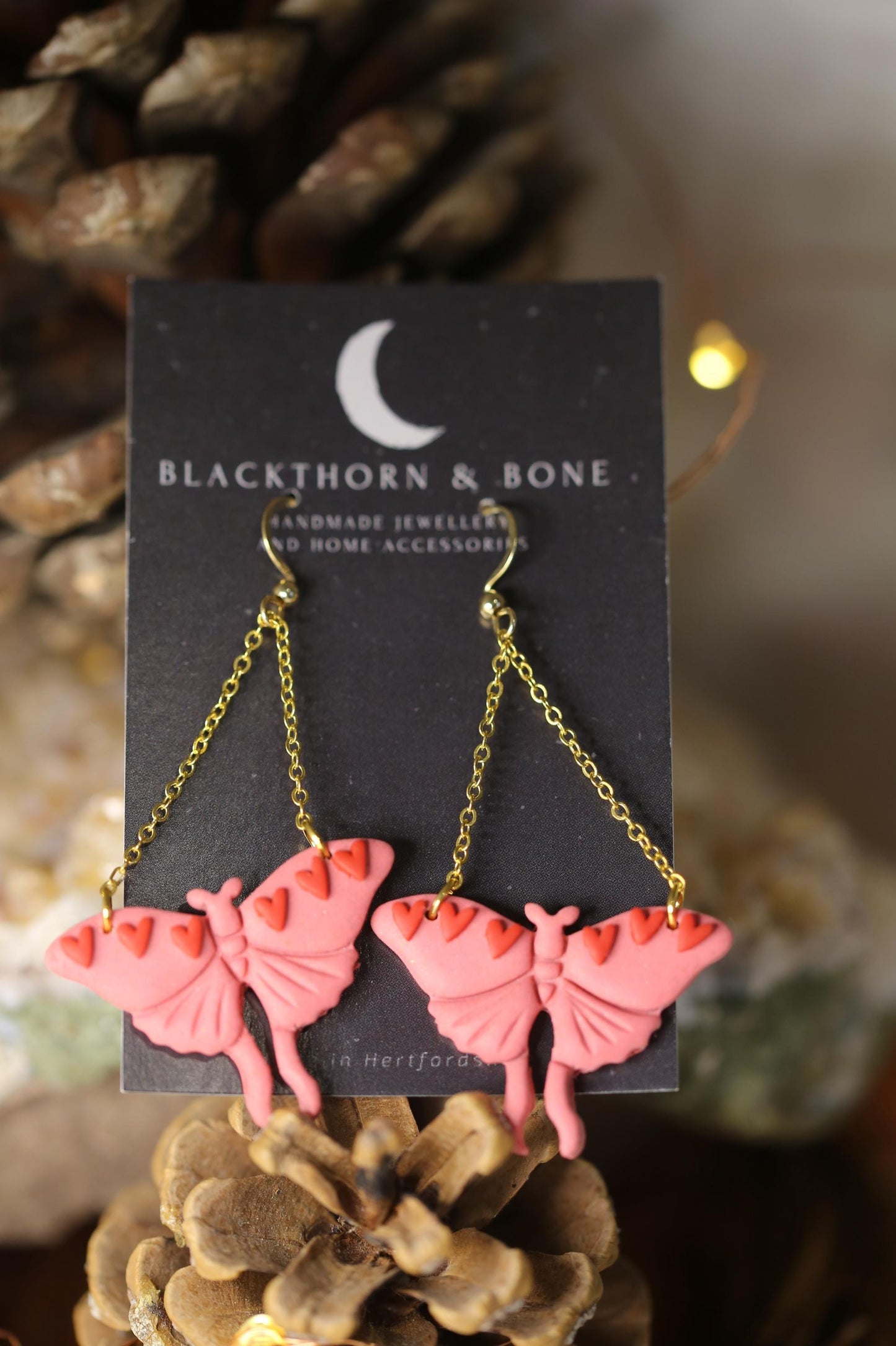 Pink Valentines Moth Earrings with Heart and Chain Details