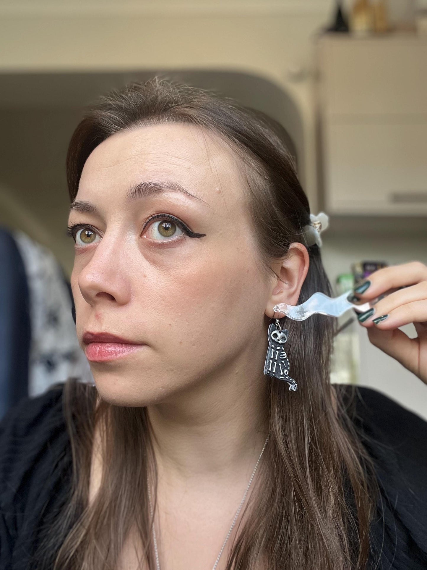 Black and Silver Skeleton Cat Earrings