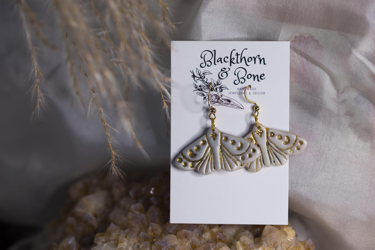 Pearlescent White Moth Embossed Statement Earrings