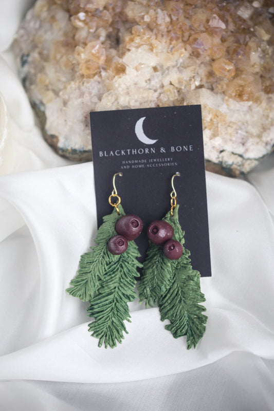Realistic Yew Leaf and Berry Earrings