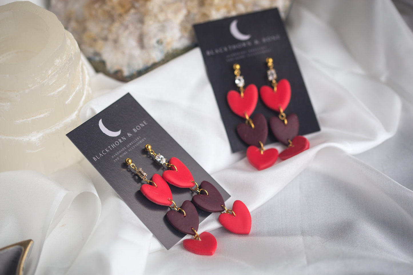 Statement Dangle Heart Earrings with Cubic Zirconia and Brass Studs