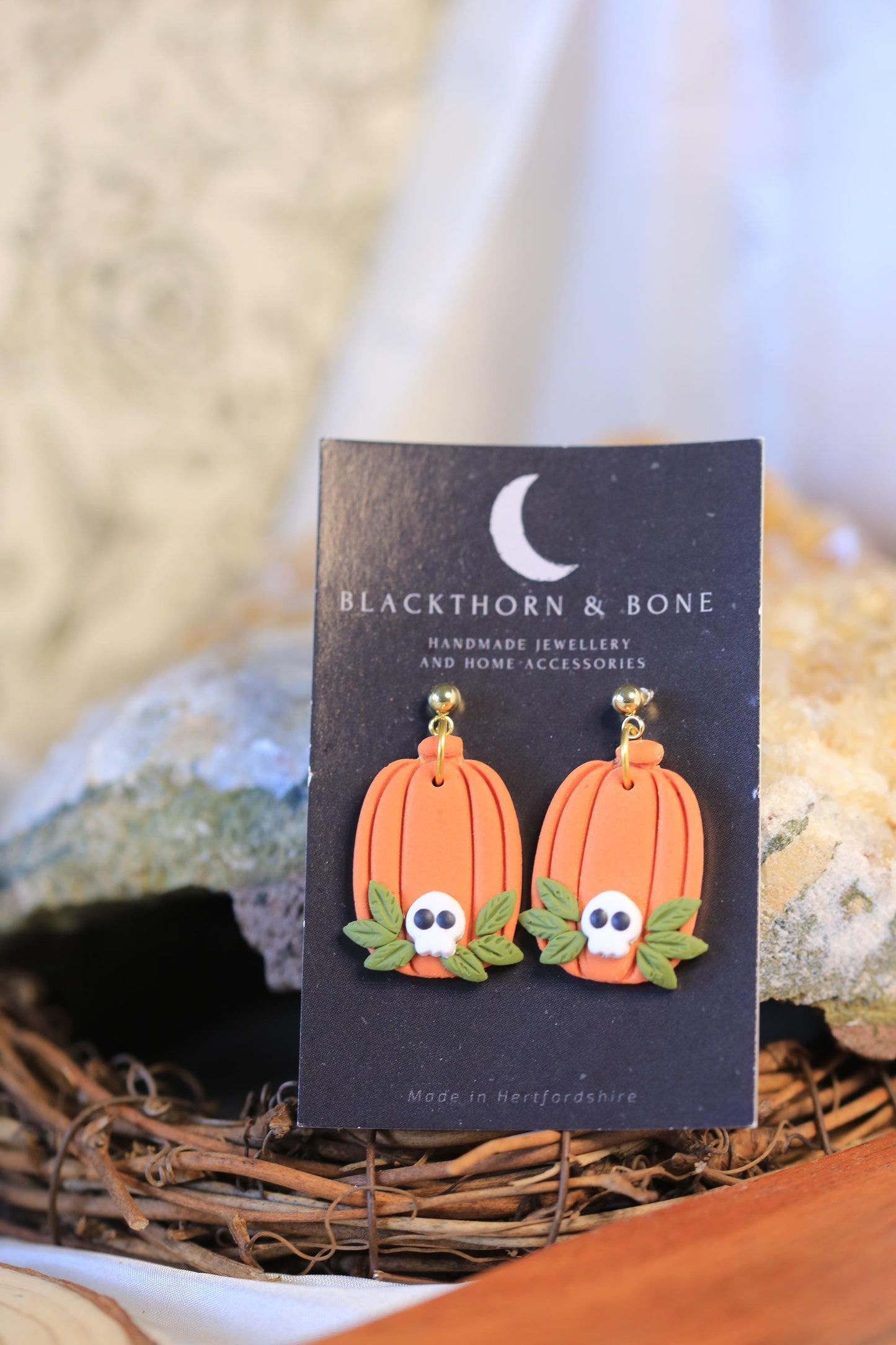 Long Pumpkin with Skull Earrings