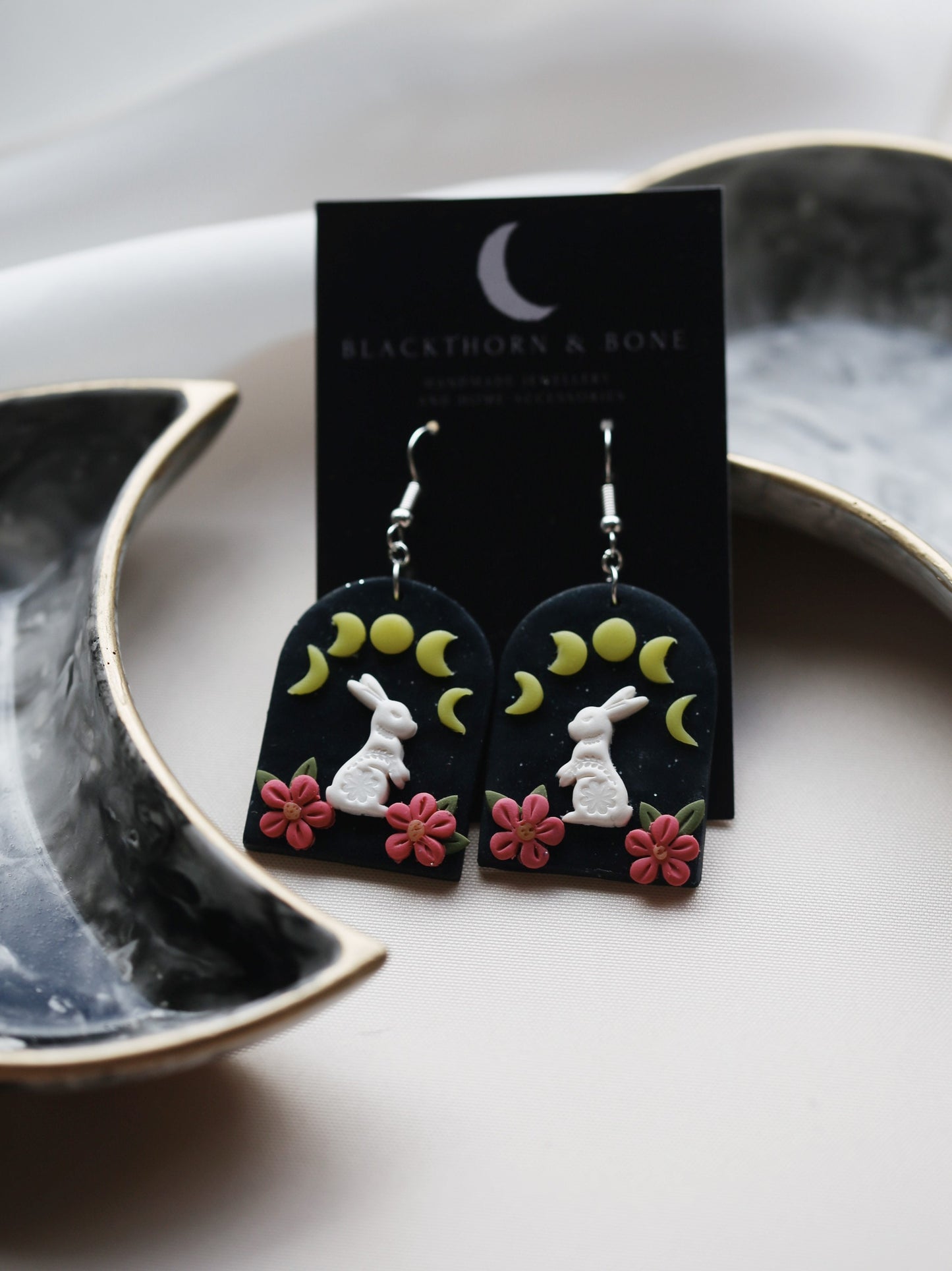 Floral Hare and Moon Phase Earrings