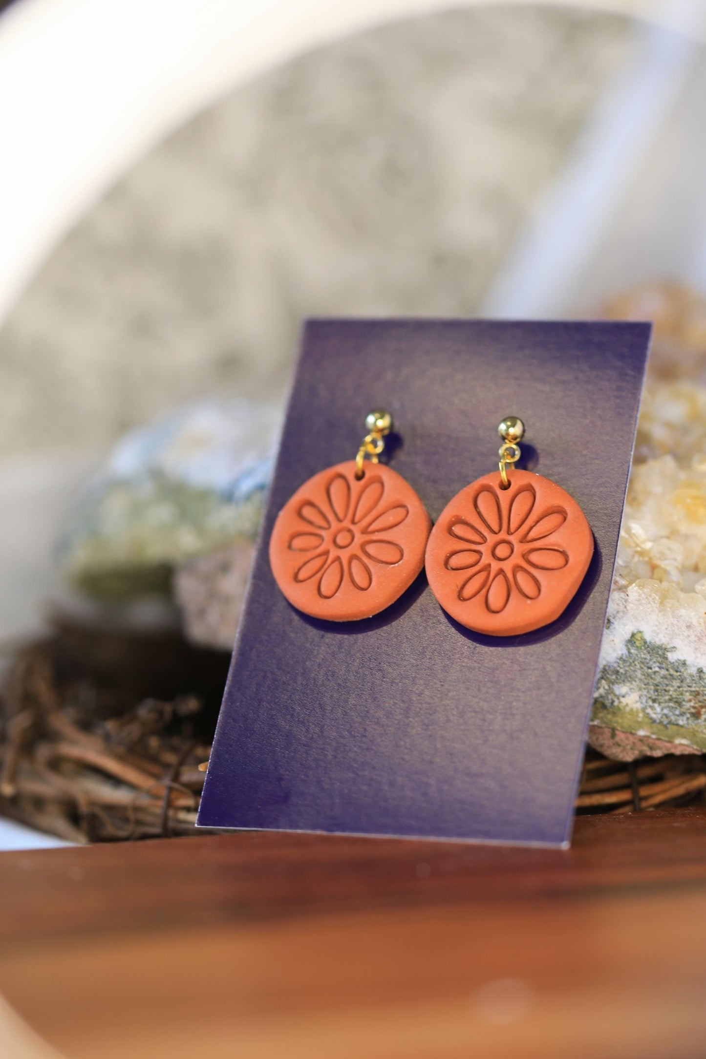 Simple Boho Terracotta Polymer Clay Earrings - Handmade Brown Earrings with Embossed Pattern