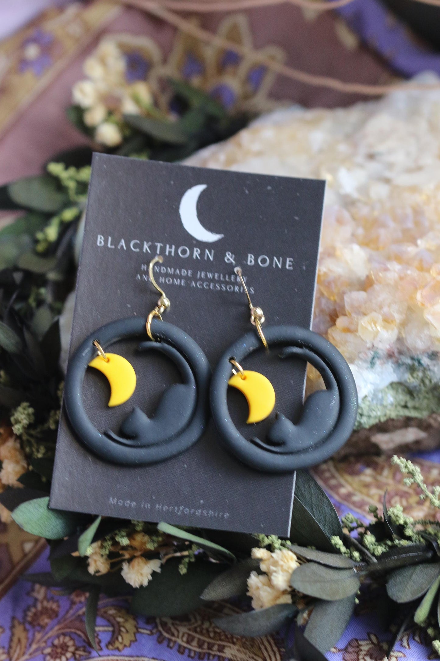 Black Cat and Moon Polymer Clay Earrings