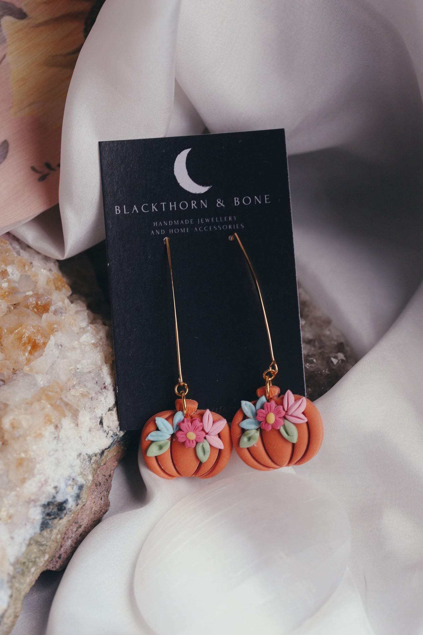 Long Handmade Floral Pumpkin Earrings