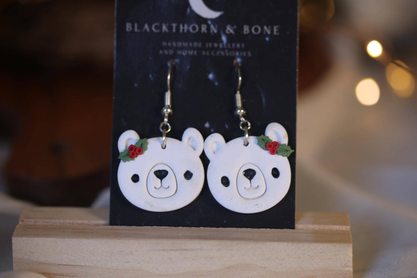 Holly berry and Leaf Polar Bear Earrings - Handmade Christmas Jewellery for Winter