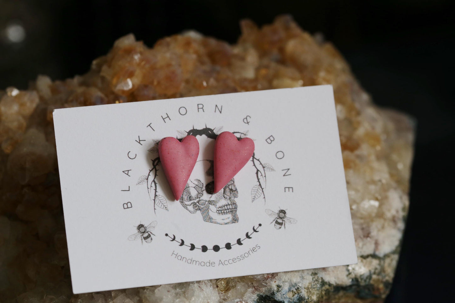 Long Pink Heart Stud Earrings