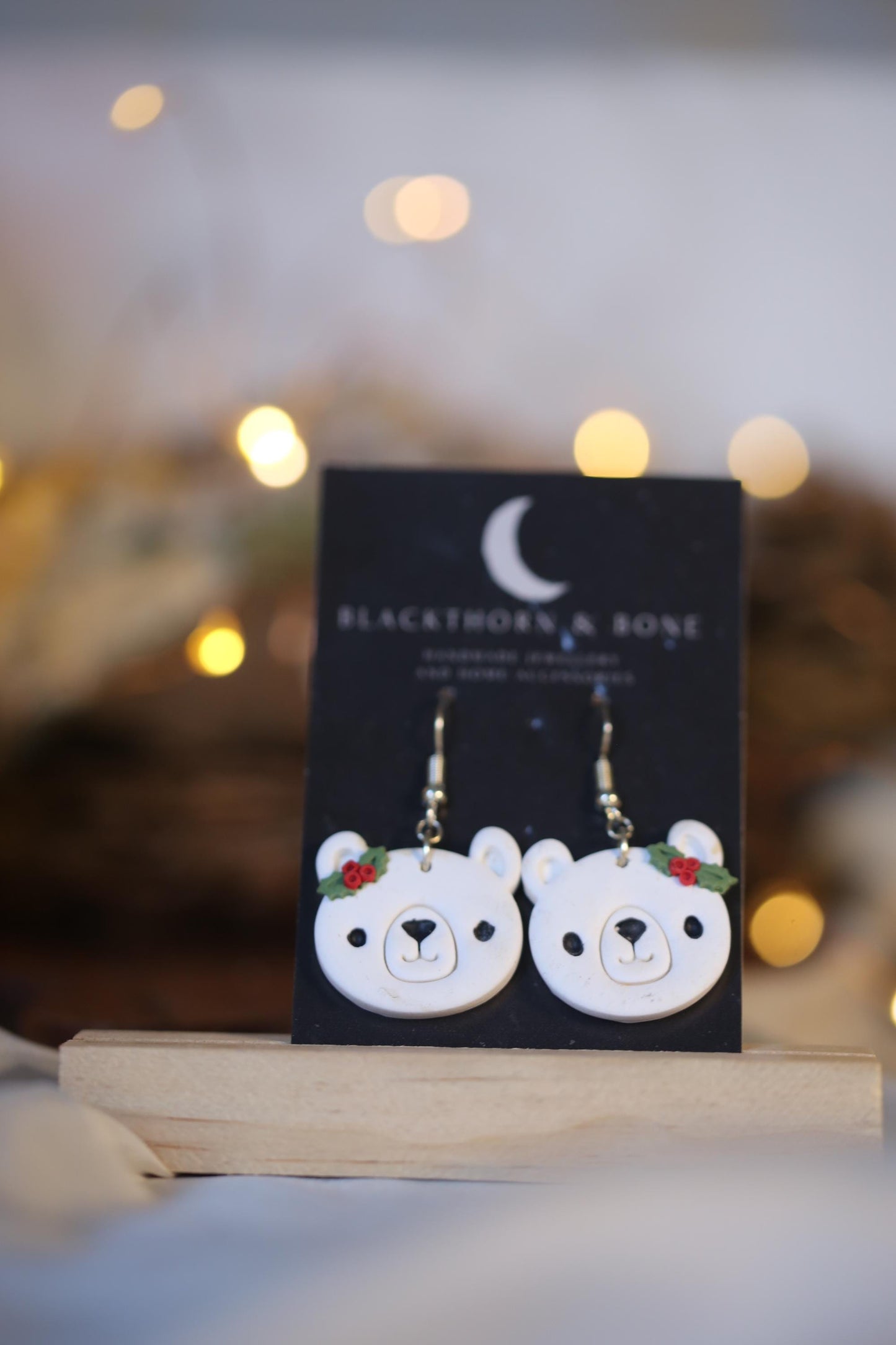 Holly berry and Leaf Polar Bear Earrings - Handmade Christmas Jewellery for Winter