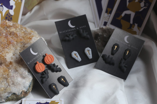 Halloween Stud Pack - Coffin, Pumpkin and Bat Earrings