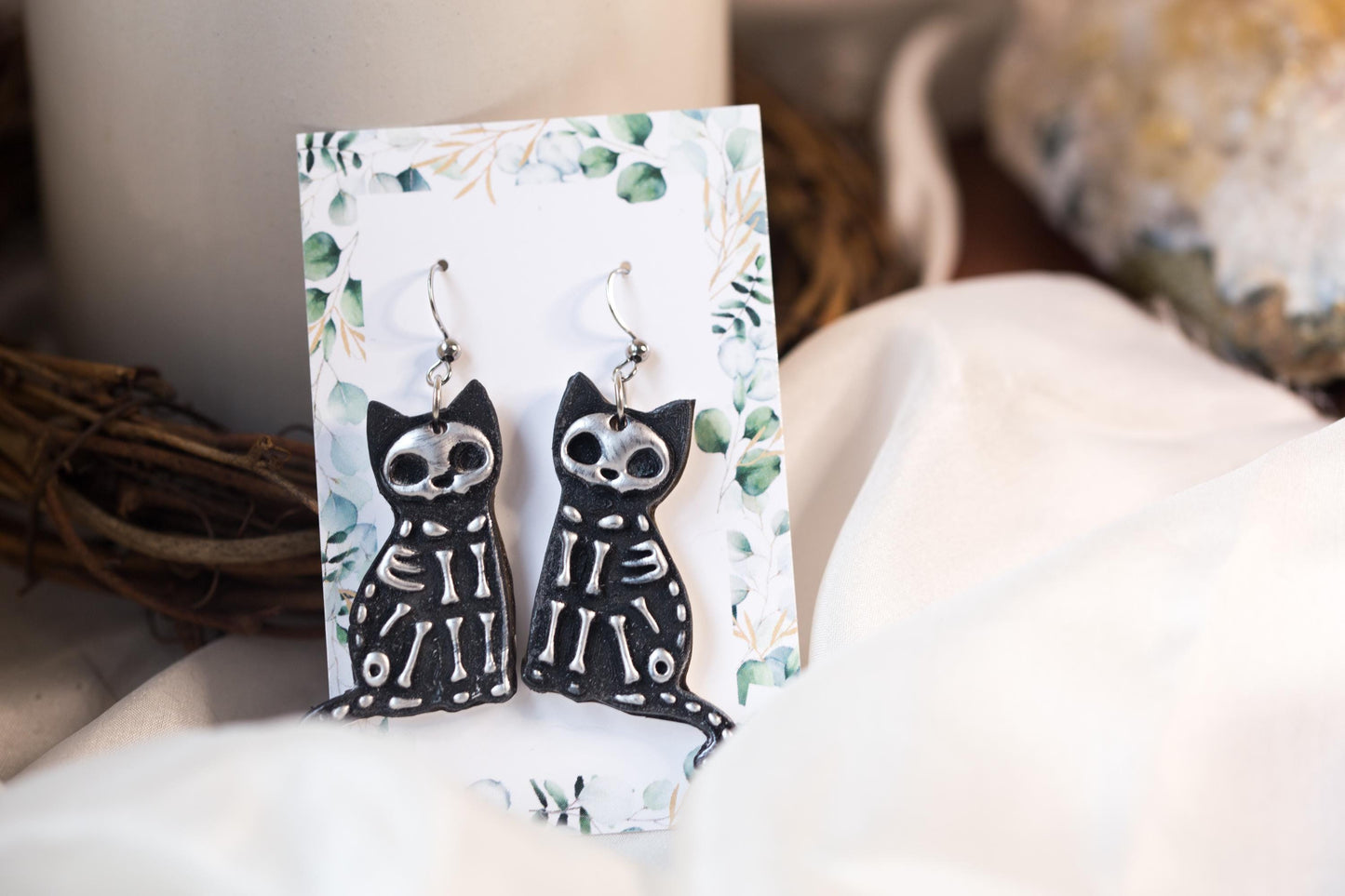 Black and Silver Skeleton Cat Earrings