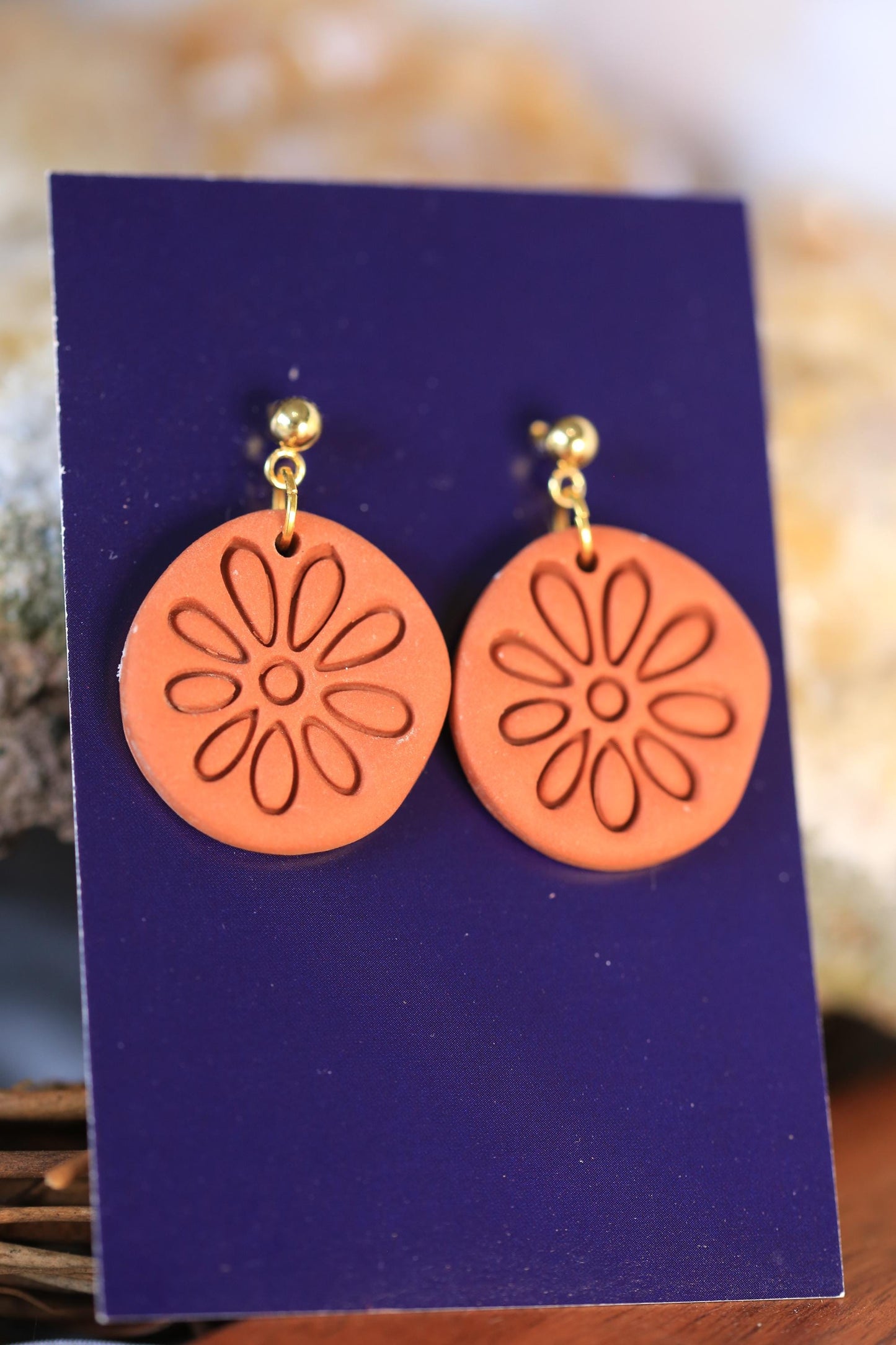 Simple Boho Terracotta Polymer Clay Earrings - Handmade Brown Earrings with Embossed Pattern