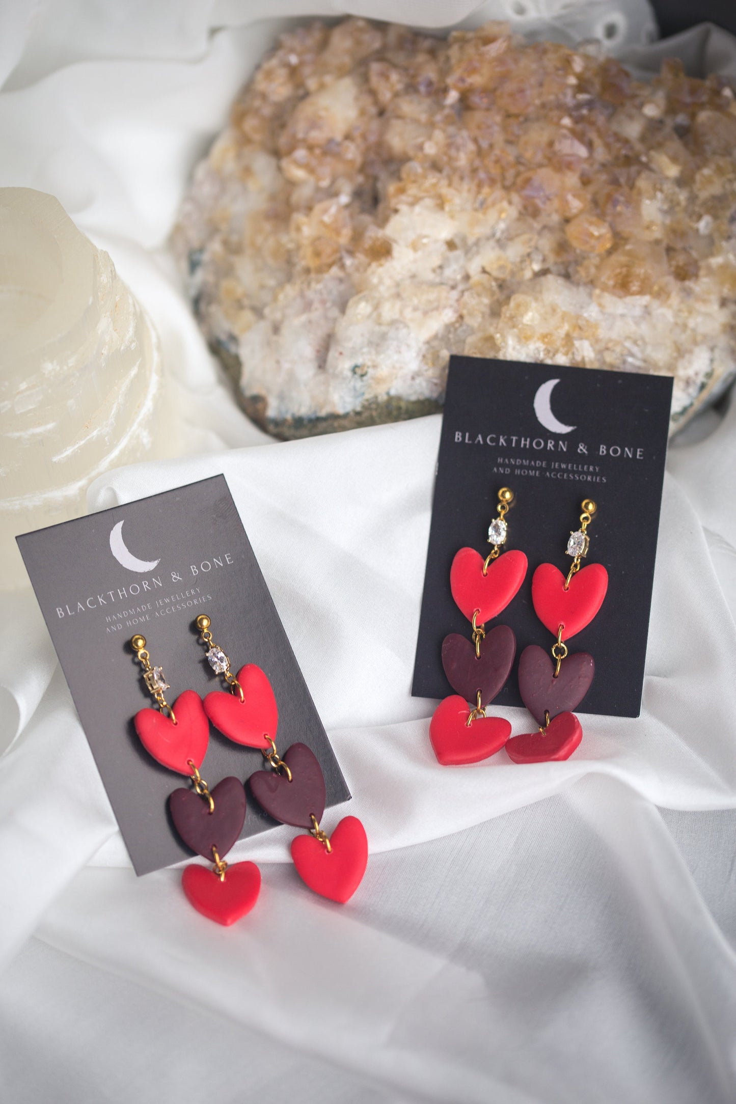 Statement Dangle Heart Earrings with Cubic Zirconia and Brass Studs