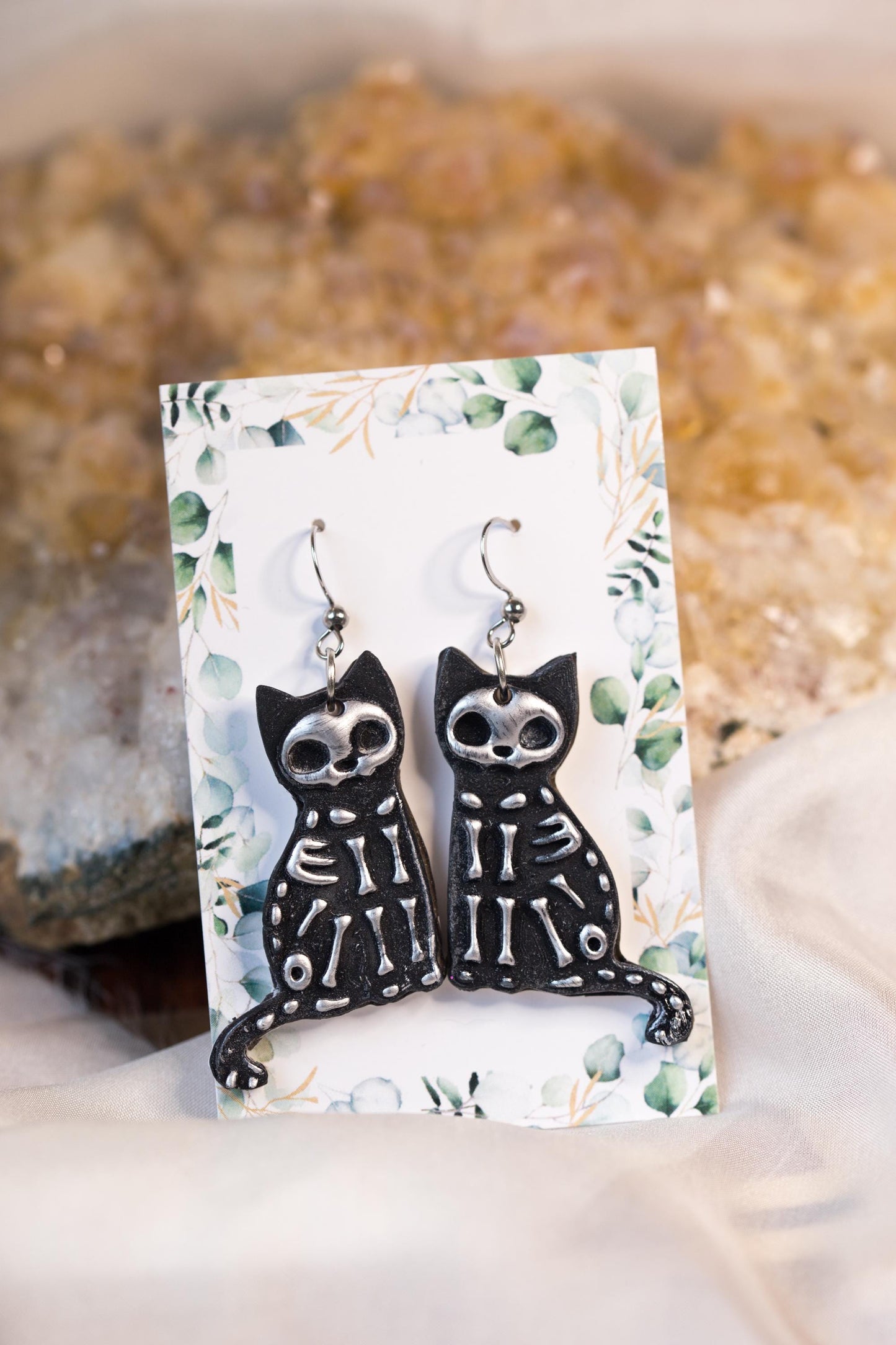 Black and Silver Skeleton Cat Earrings