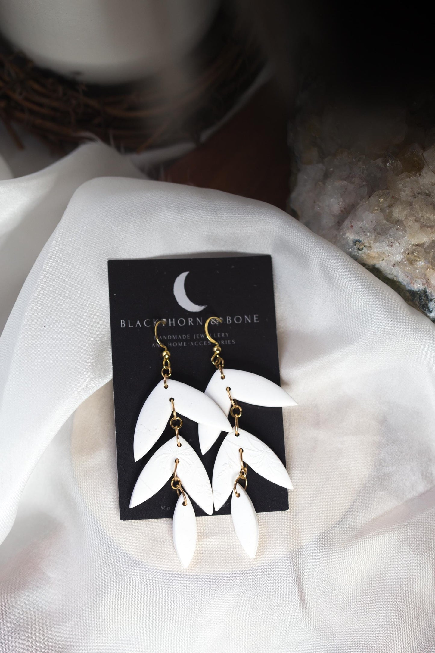 White Floral Texture Petal Shaped Earrings