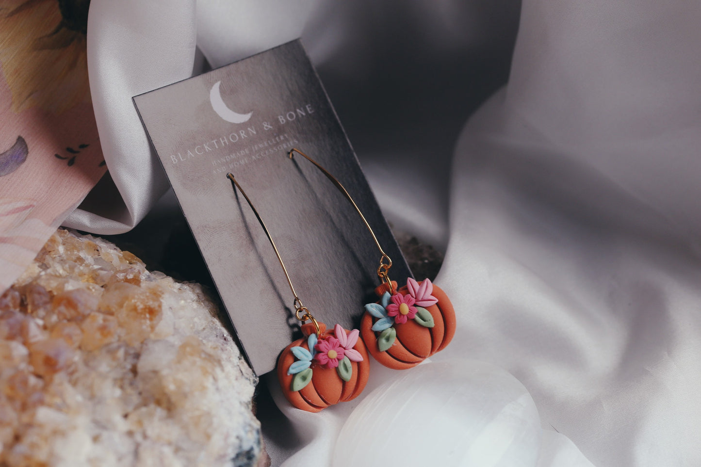 Long Handmade Floral Pumpkin Earrings