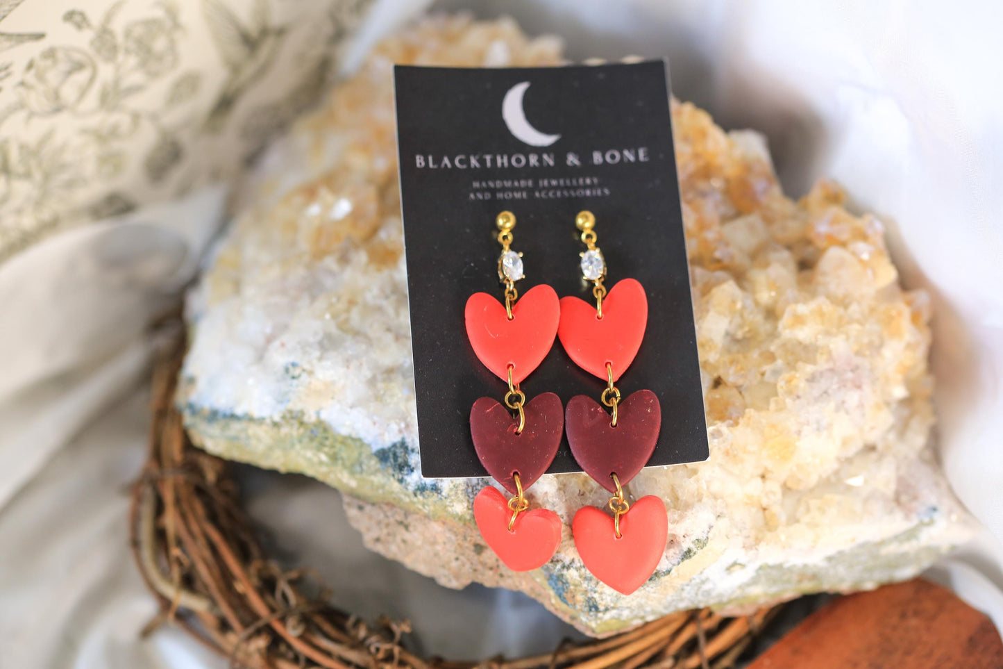 Statement Dangle Heart Earrings with Cubic Zirconia and Brass Studs