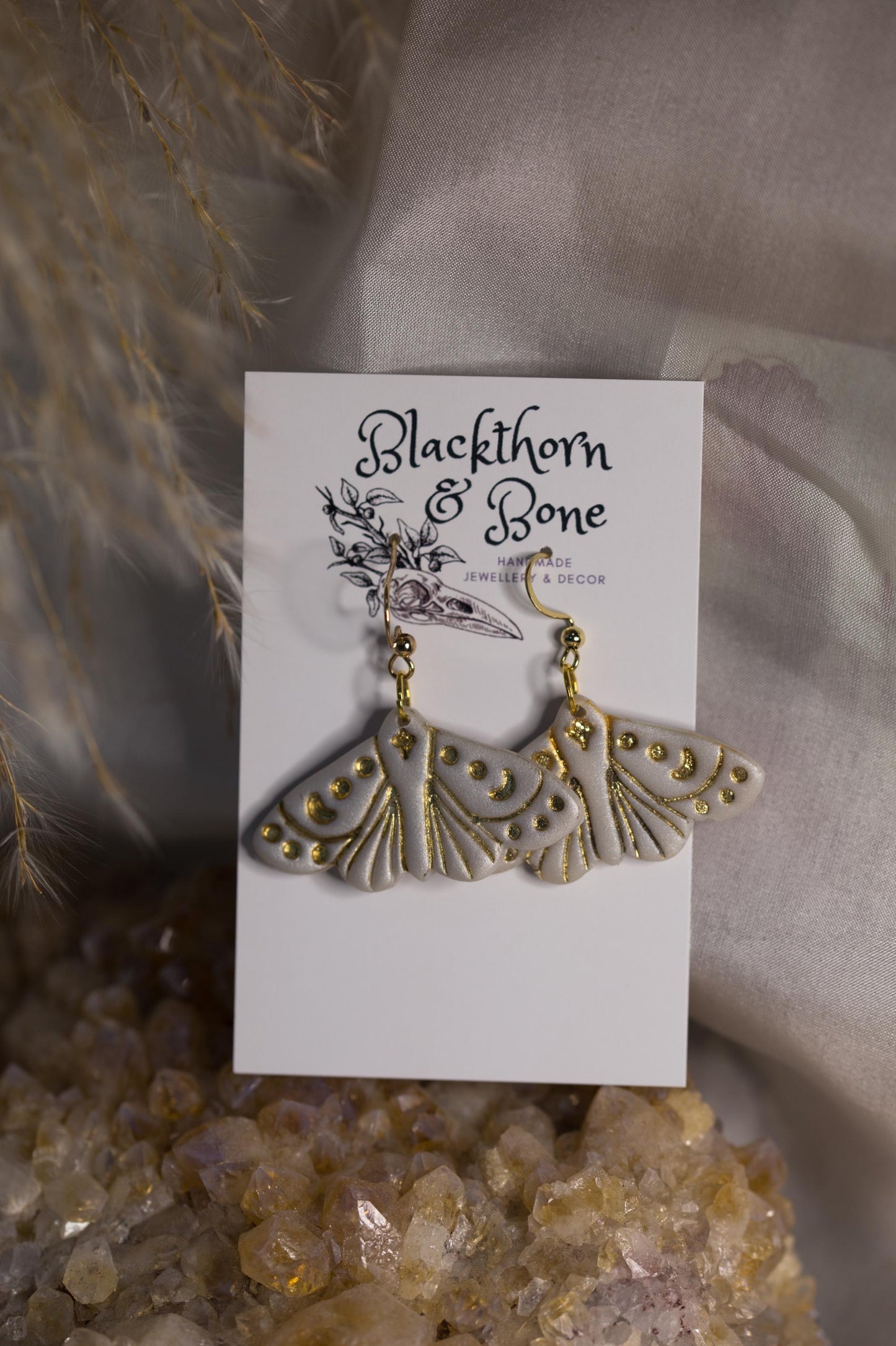 Pearlescent White Moth Embossed Statement Earrings