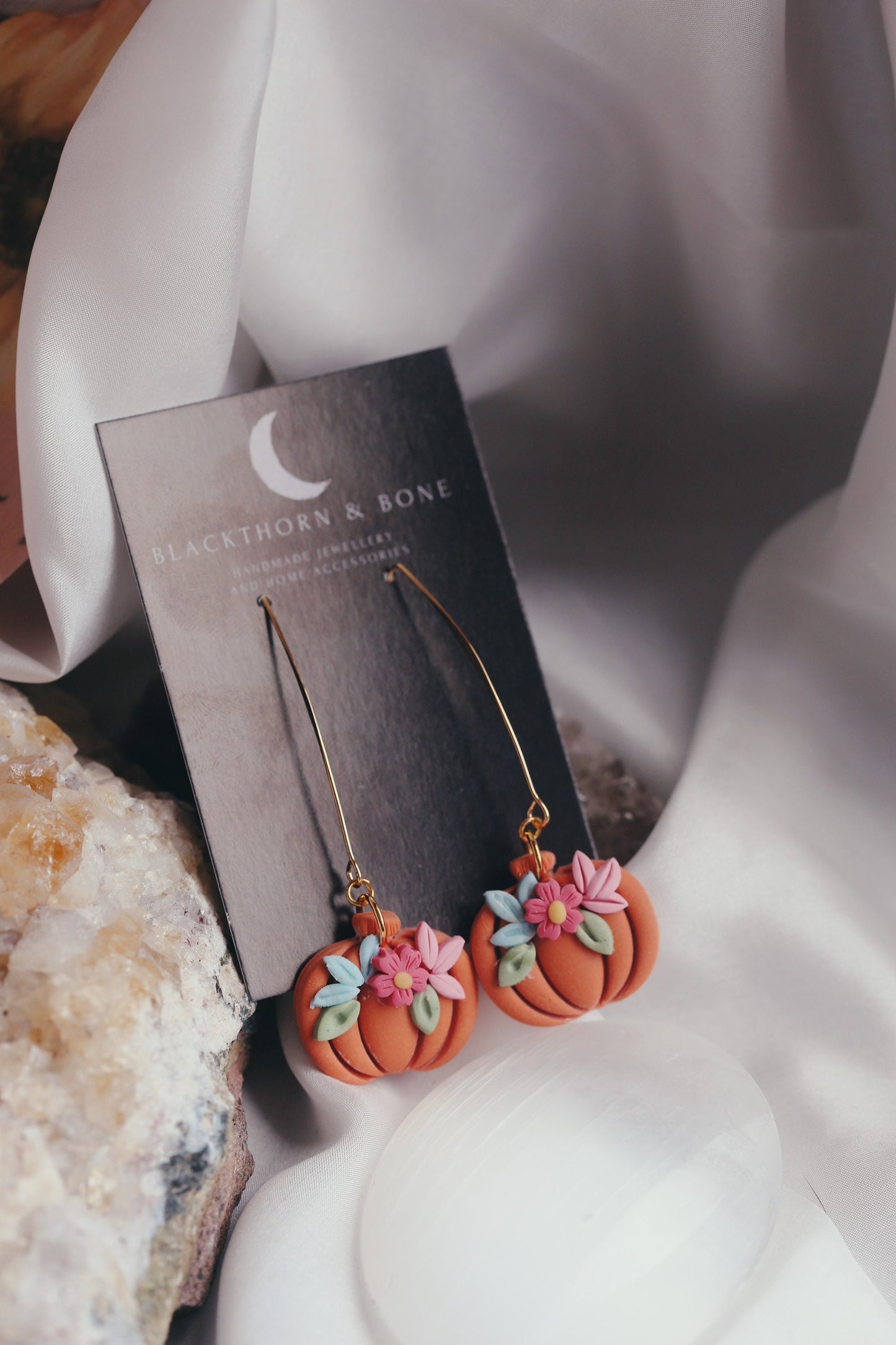 Long Handmade Floral Pumpkin Earrings