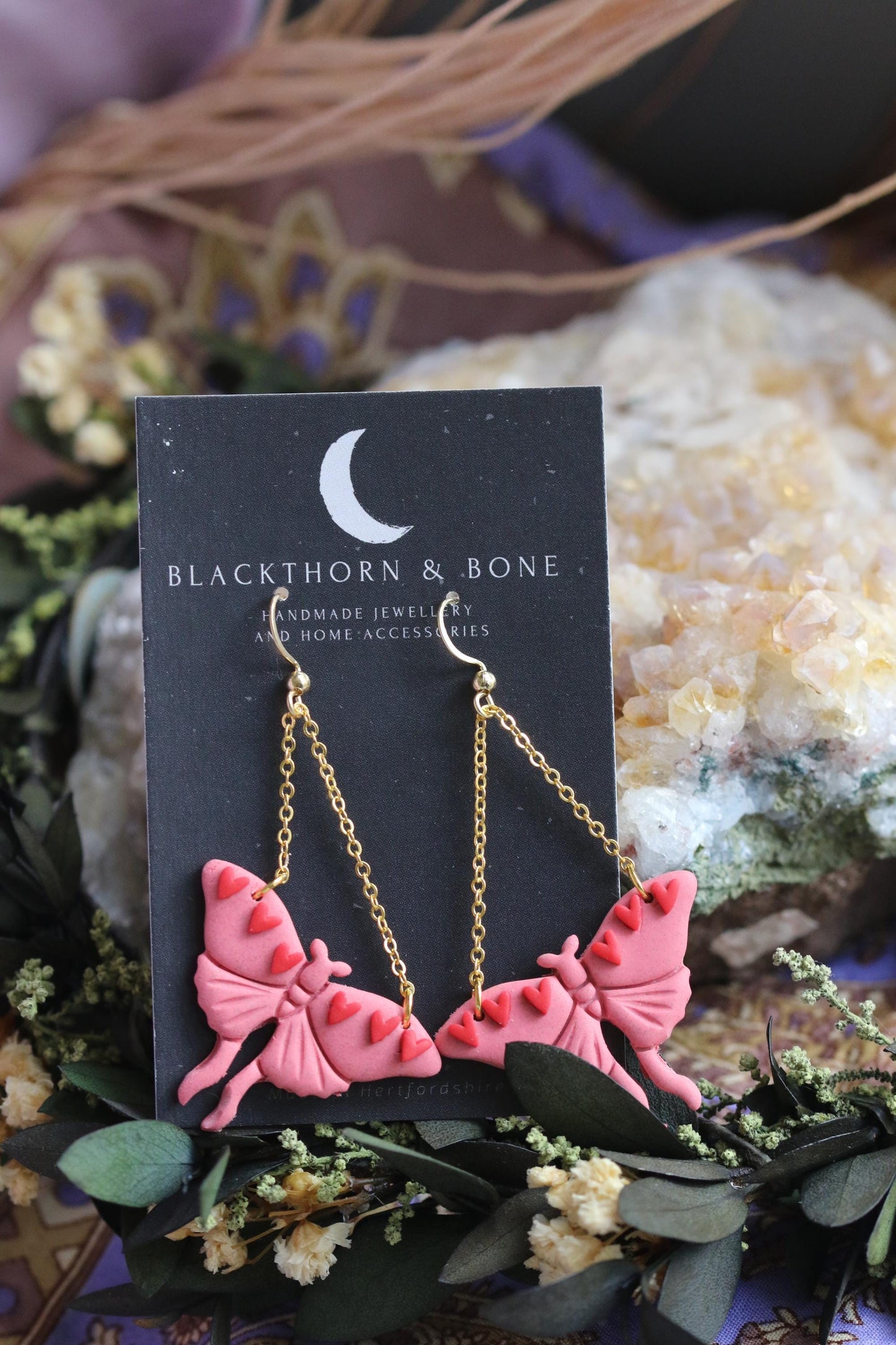 Pink Valentines Moth Earrings with Heart and Chain Details