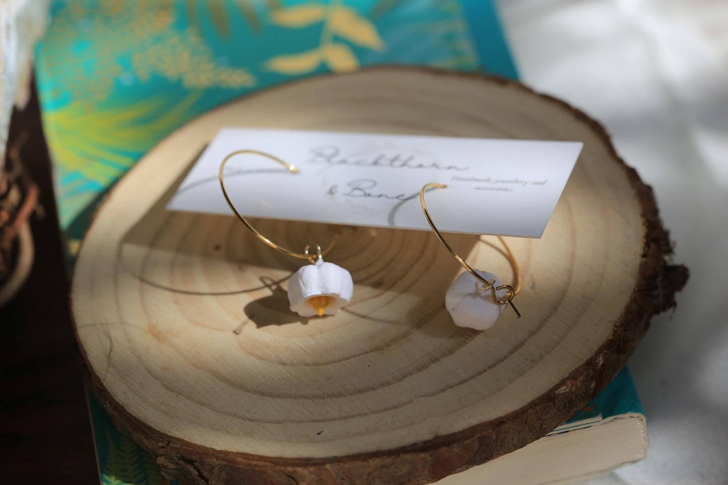 White Lily of the Valley Clay Hoop Earrings with Gold Steel Hoop