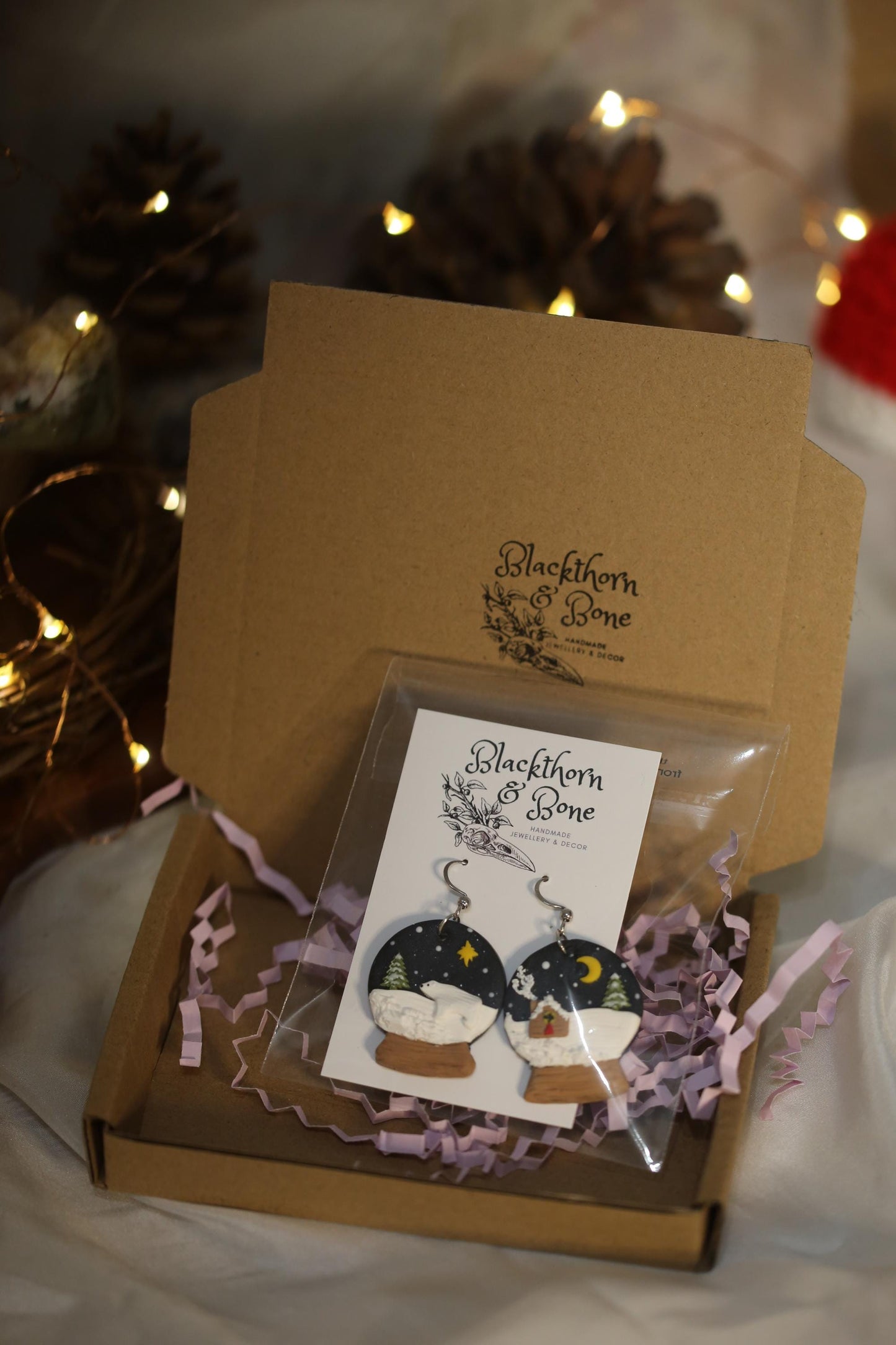 Snowglobe with Cabin and Polar Bear Earrings