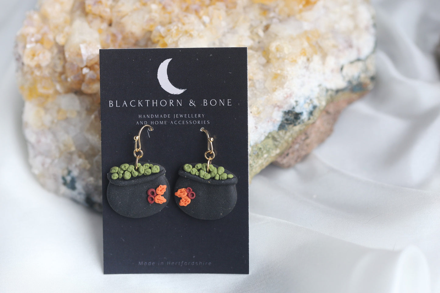 Handmade Witch Cauldron Earrings with Leaf and Berry Design