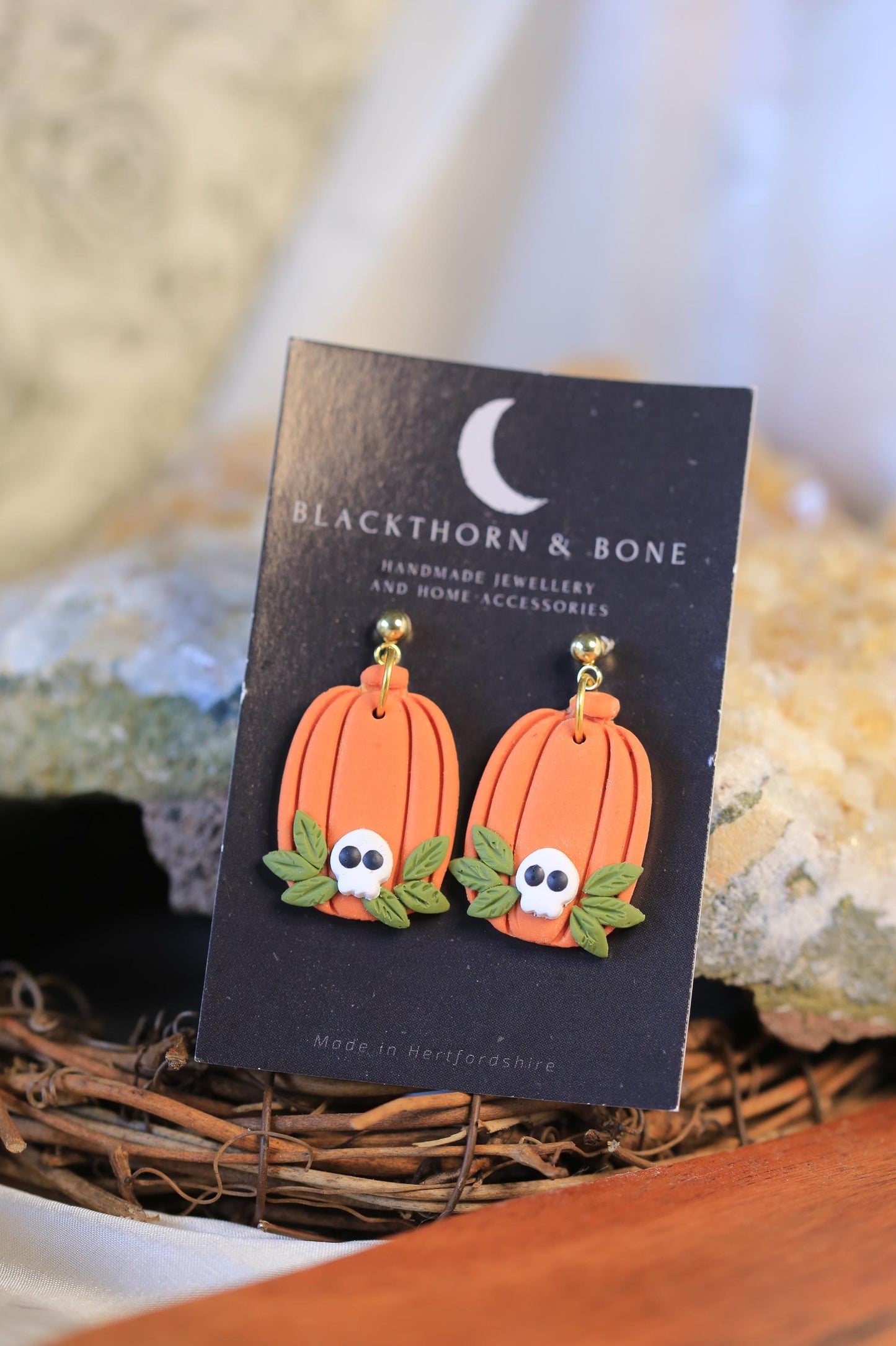 Long Pumpkin with Skull Earrings