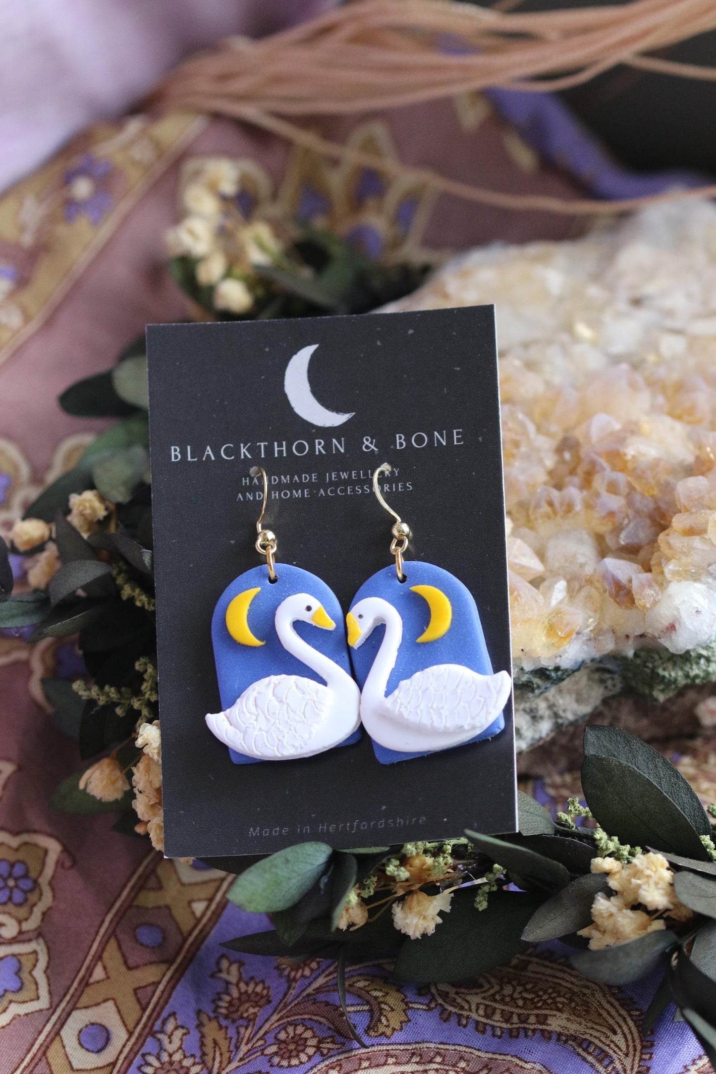 Blue Moon and Swans Earrings