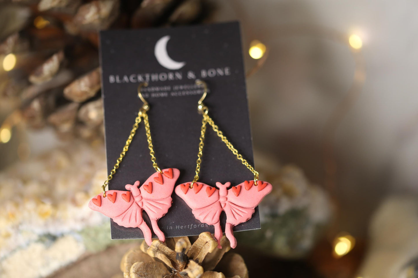 Pink Valentines Moth Earrings with Heart and Chain Details