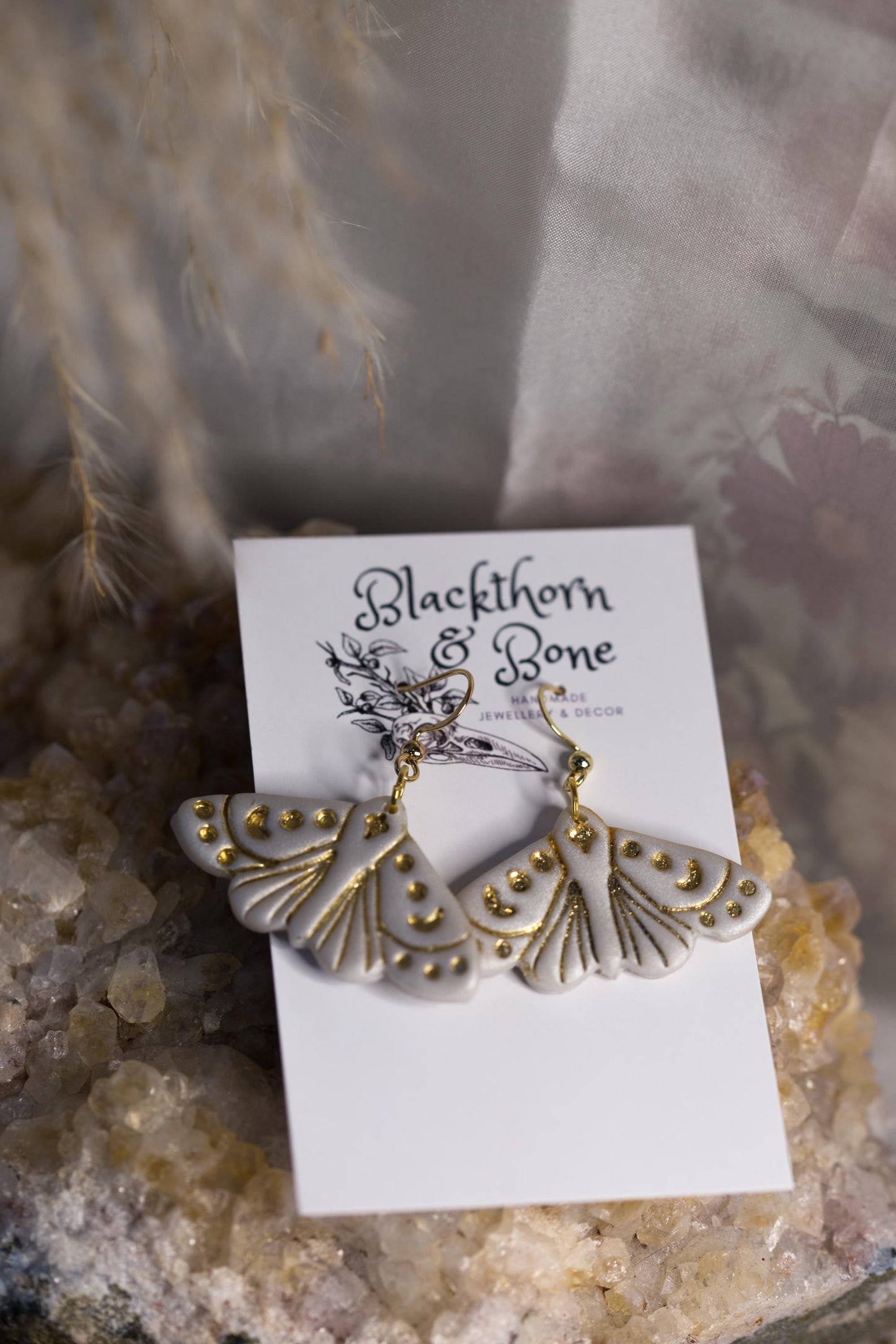 Pearlescent White Moth Embossed Statement Earrings