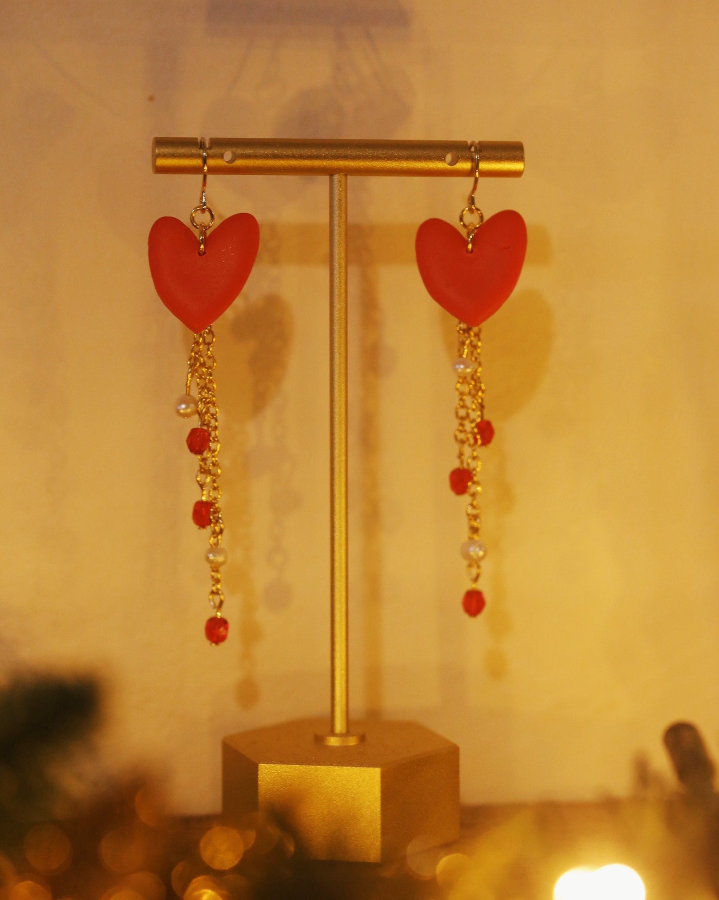 Clay Heart Earrings with Chain, Pearl and Crystal beads
